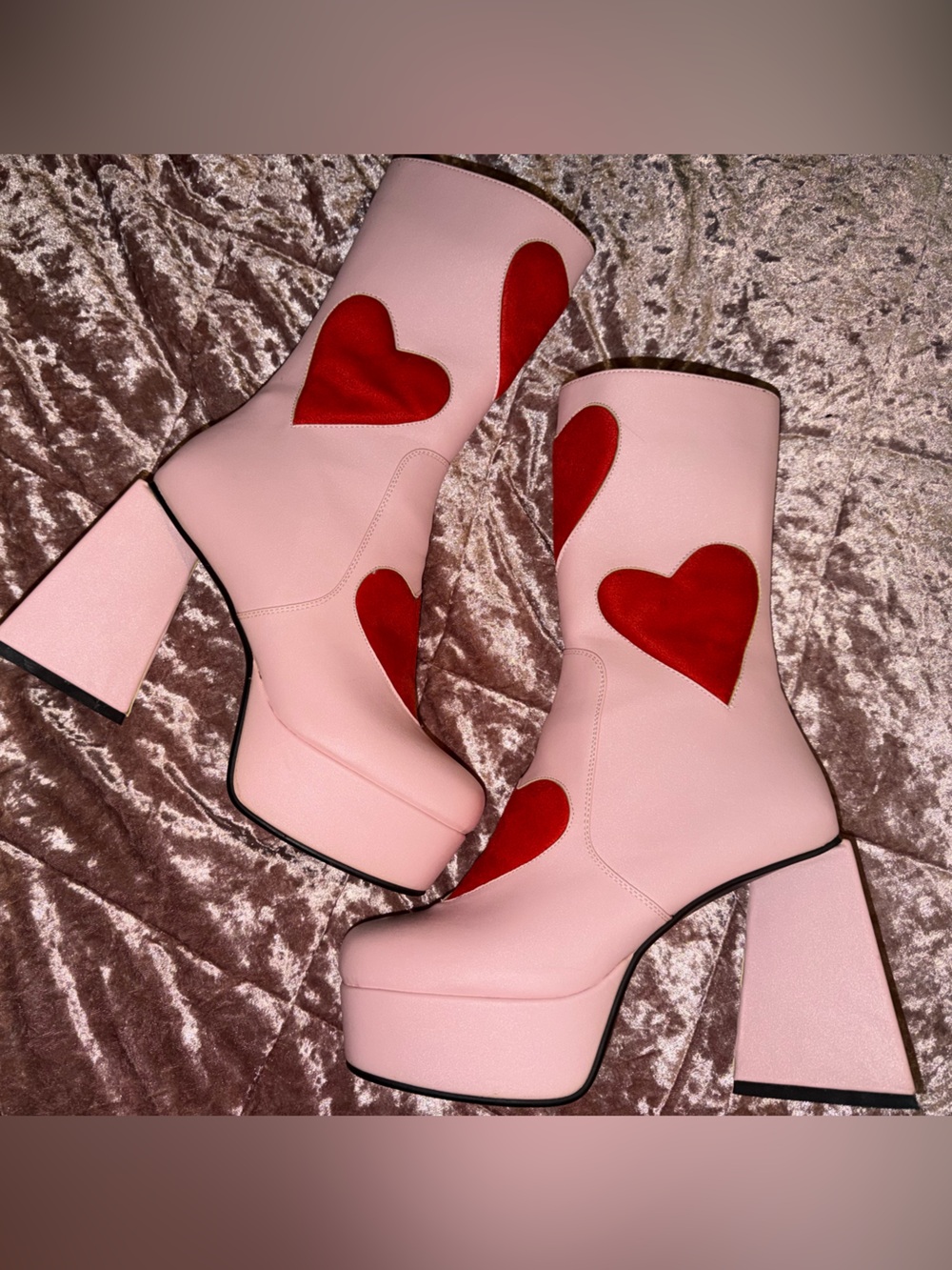 Pink Platform Ankle Boots with Red Heart Accents
